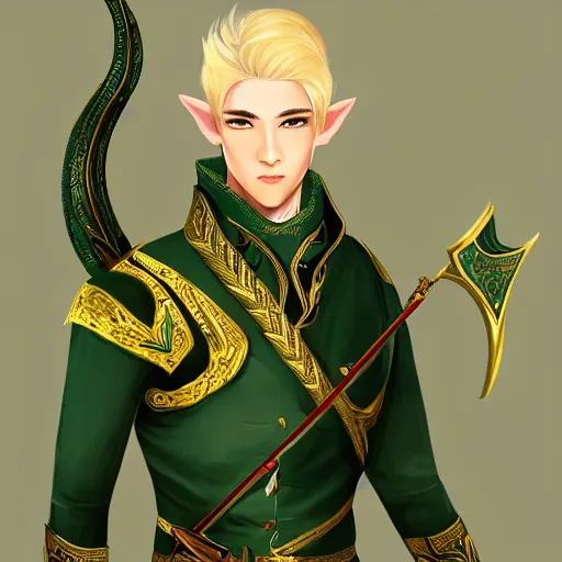 Prompt: Portrait of a handsome blonde elven ranger in green and gold jacket with a crossbow. In style of Hyung-tae Kim, concept art, trending on ArtStation, Korean MMORPG.