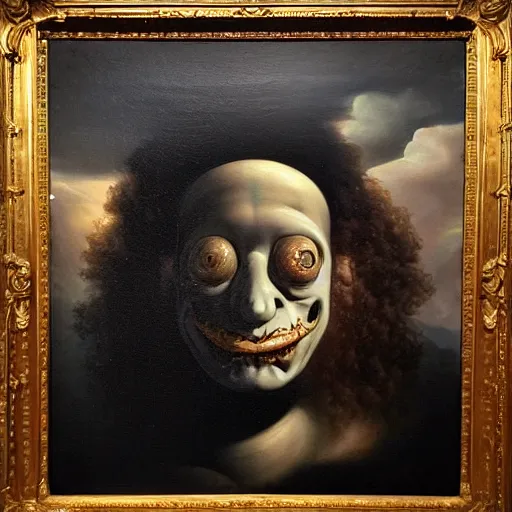 Image similar to oil painting with black background by christian rex van minnen rachel ruysch dali todd schorr of a chiaroscuro portrait of an extremely bizarre disturbing mutated man with acne intense chiaroscuro cast shadows obscuring features dramatic lighting perfect composition masterpiece