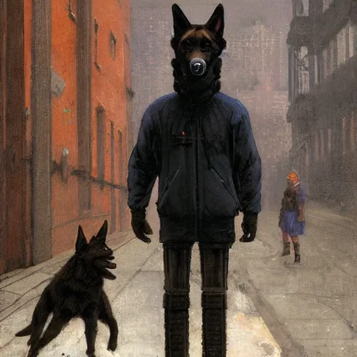 Image similar to new york city portrait of furry anthro anthropomorphic german shepard head animal person fursona wearing clothes cybernetic muzzle sad gloomy in the alley, sunny day, digital art by Nerdrum John, William Waterhouse, Winslow Homer, Alex Heywood, Jordan Grimmer, Darren Quach, Greg Rutkowski, Simon Stalenhag, trending on Artstation, CGSociety