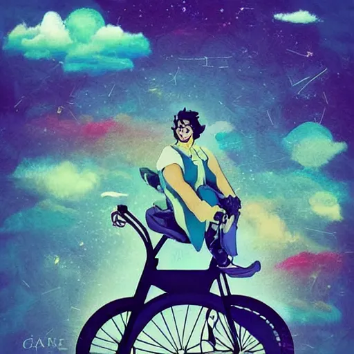 Prompt: A happy man flying in the sky on his bicycle in the clouds synesthesia vintage 90\'s anime mixed with pastel impasto highly rhythmic expressionistic wild symmetrical cutest chess piece cosplay pleasing palette trending on artstation funhouse surreal unpredictable wild unexplainable fantasy land you could not have dreamed of in the gritty posterized grainy analog style of studio Ghibli and 1960s americana Comics, HQ 8k scan