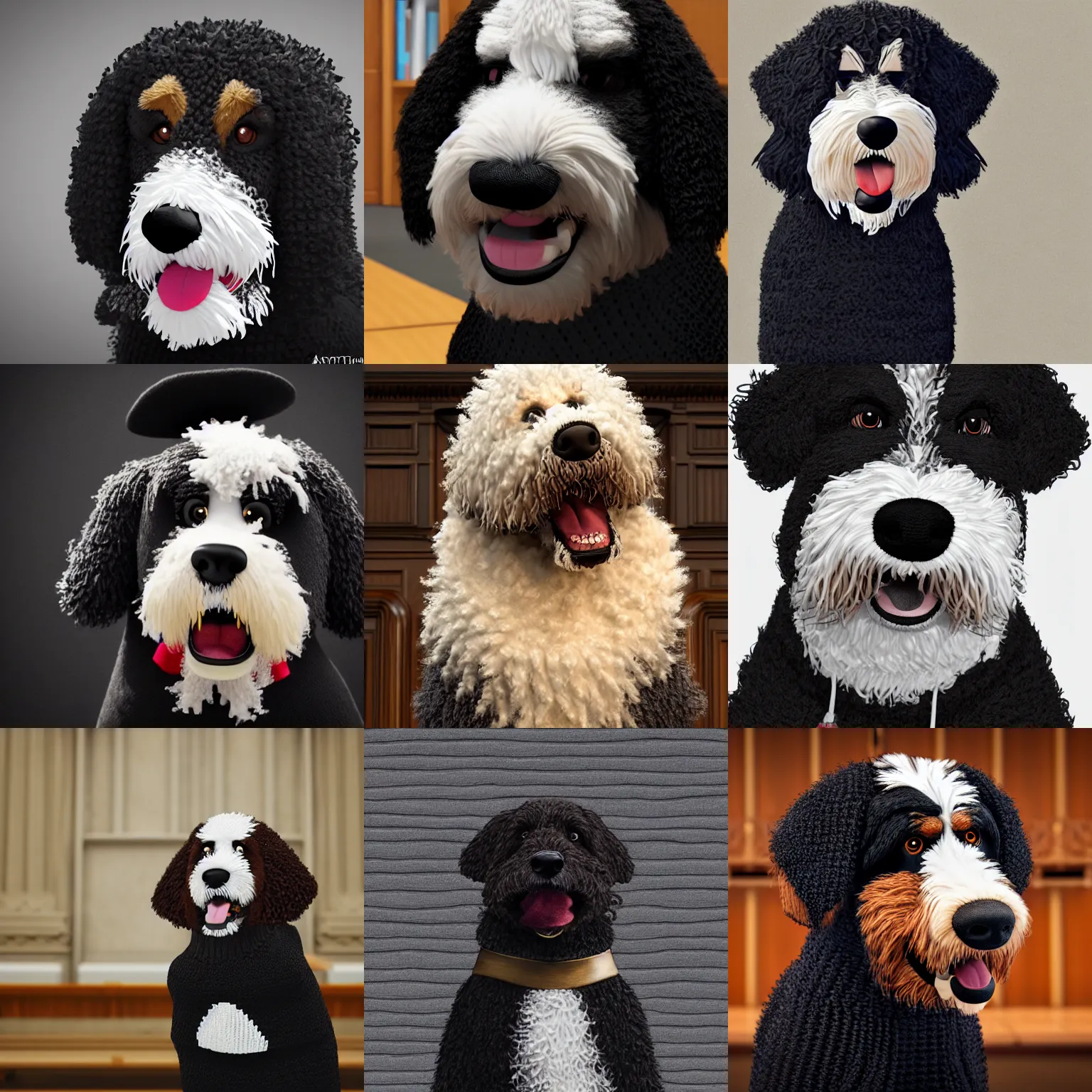 Prompt: a closeup photorealistic illustration of a smiling knitted bernedoodle judge dog dressed in a black gown, presiding over the courthouse. this 4 k hd image is trending on artstation, featured on behance, well - rendered, extra crisp, features intricate detail, epic composition and the style of unreal engine.