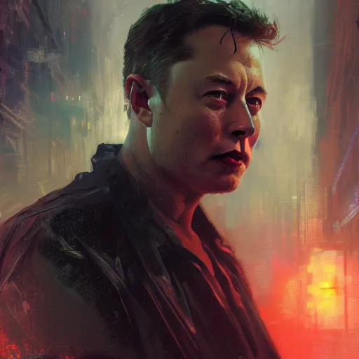 Image similar to elon musk, hyperrealistic portrait, bladerunner street, art of elysium by jeremy mann and alphonse mucha, fantasy art, photo realistic, dynamic lighting, artstation, poster, volumetric lighting, very detailed face, 4 k, award winning