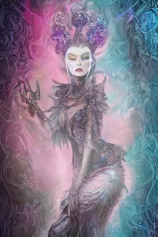 Image similar to highly detailed, digital painting of a beautiful arcane witch in a dark intricate ornate fractal-lace and gemstones mask, wearing a stunning silky bio-luminiscent neon-noir neo-goth dress, subdued dark pastel colors palette, full view, soft lighting, vivid, Hyperdetailed, 4k hd matte, 8k resolution, enchanting and otherworldly, detailed, front view, Portrait backlighting, Kodakchrome, high contrast, Gsociety, trending on ArtstationHQ, dreamscape maximized.