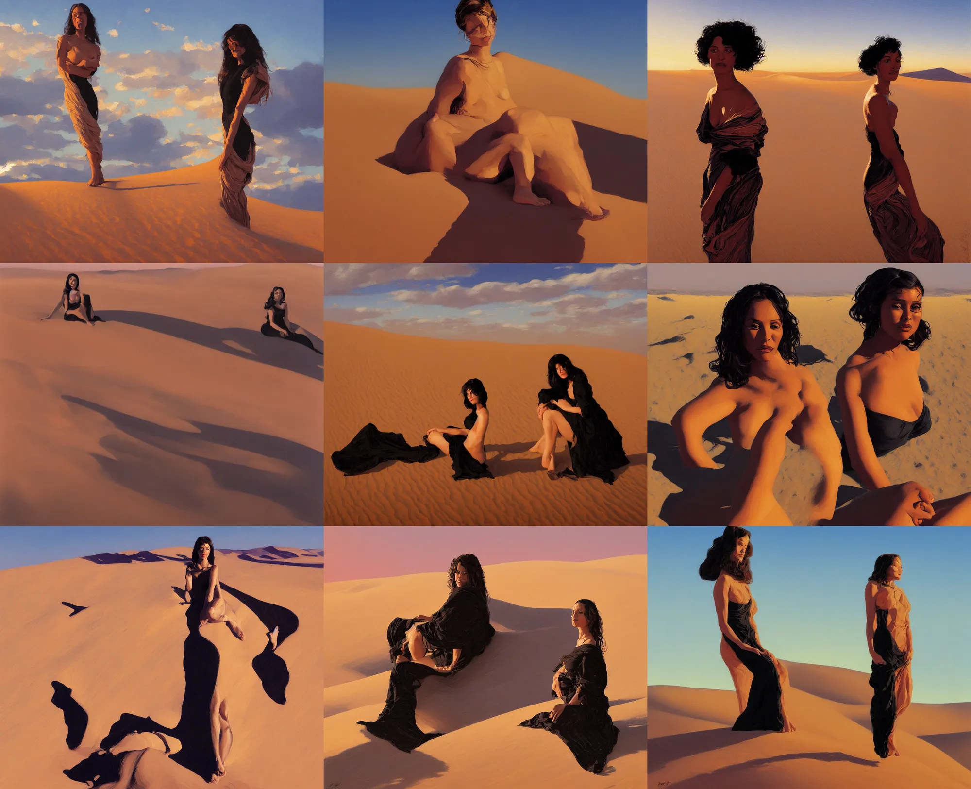 Prompt: sitting girl in black decollete dress between clouds above namibia dunes in sunset light, portrait, elegant, intricate, digital painting, artstation, concept art, smooth, sharp focus, illustration, art by ed mell and Daniel F. Gerhartz and Jacek Malczewski and gustav klimt