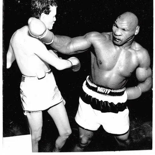 Prompt: polaroid image of mike tyson fighting an alien xenopmorph in a boxing ring