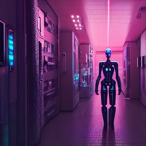 Prompt: hyperrealism stock photography of highly detailed stylish humanoid robot in cyberpunk sci - fi cyberpunk style by gragory crewdson and vincent di fate with many details by josan gonzalez working at the highly detailed data center by mike winkelmann and laurie greasley hyperrealism photo on dsmc 3 system rendered in blender and octane render