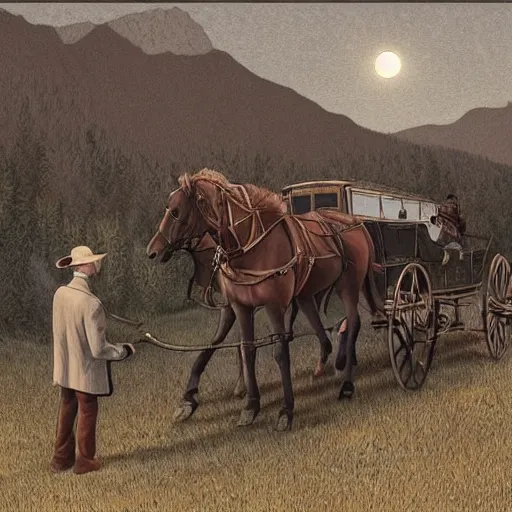 Image similar to a man in old fashioned clothes waits by the side of the road with his suitcase, looking at a coach with 4 horses is in front of him, night time in the mountains highly detailed in the style of edward gorey, artgerm, 8 k resulution - c 5