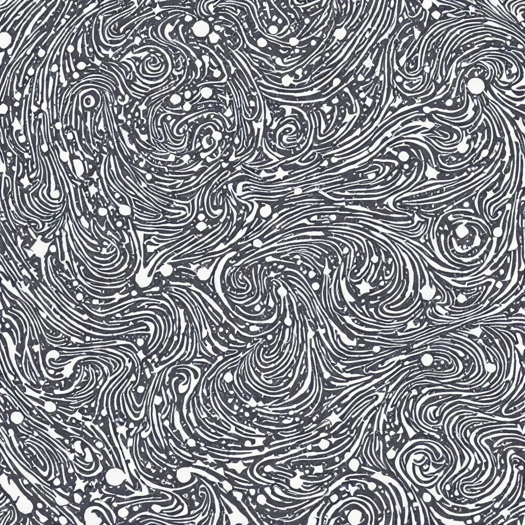 Image similar to optical illusion woodblock print, galactic phenomena outer space stamp pattern, very crisp detailed scan