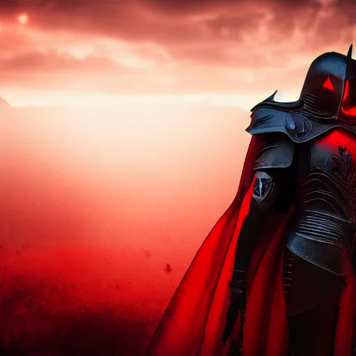 Image similar to the knight of death and destruction in black armor glowing red with a black cape billowing in the wind, golden hour, caustics, shallow depth of field, moody lighting, 8 k, concept art,