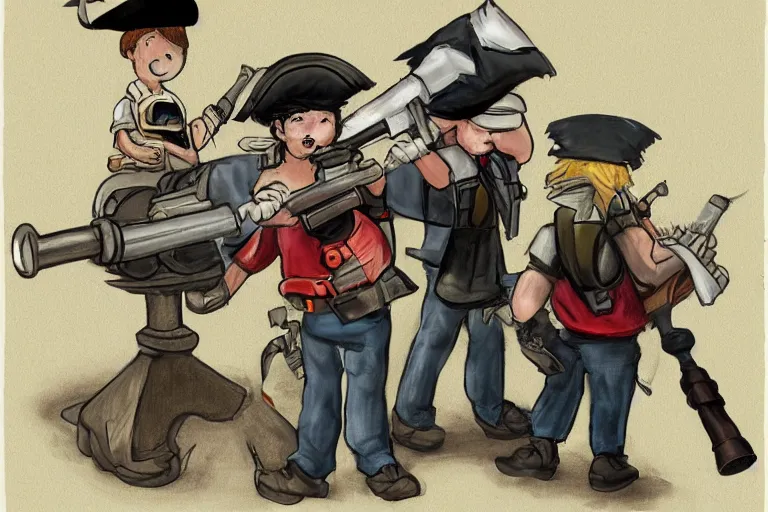 Prompt: little boy with a pirate hat holds a bazooka, character design