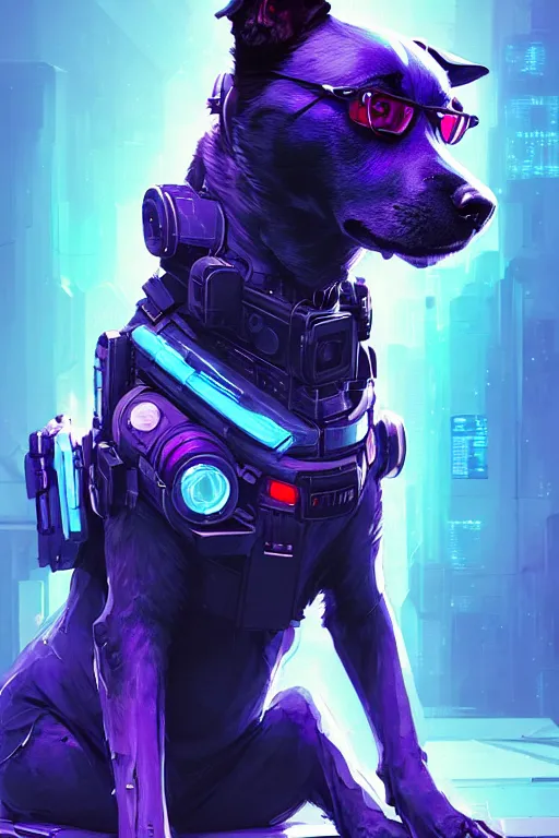 Image similar to a beautiful portrait of a cute cyberpunk dog by greg rutkowski and wlop and sandra chevrier, purple blue color scheme, high key lighting, volumetric light, digital art, highly detailed, fine detail, intricate, ornate, complex, octane render, unreal engine, photorealistic