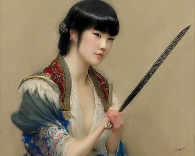 Image similar to a young japanese princess lady with white hair and bangs!!!!, posing with a sword, white hair highly detailed painting by gaston bussiere, craig mullins, j. c. leyendecker 8 k