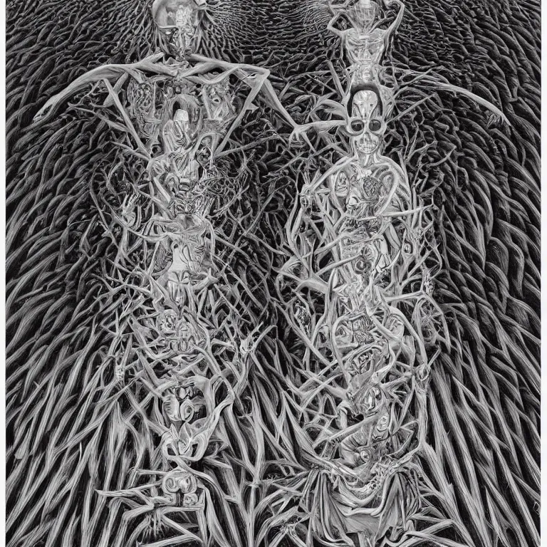 Image similar to meditation on death by Alex Grey and M. C. Escher collaboration