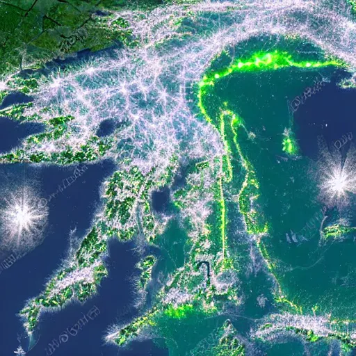 Image similar to a satellite image of an archipelago with lights