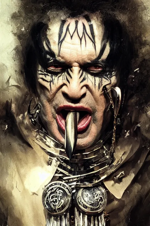 Image similar to gene simmons, sorcerer, lord of the rings, tattoo, decorated ornaments by carl spitzweg, ismail inceoglu, vdragan bibin, hans thoma, greg rutkowski, alexandros pyromallis, perfect face, fine details, realistic shaded