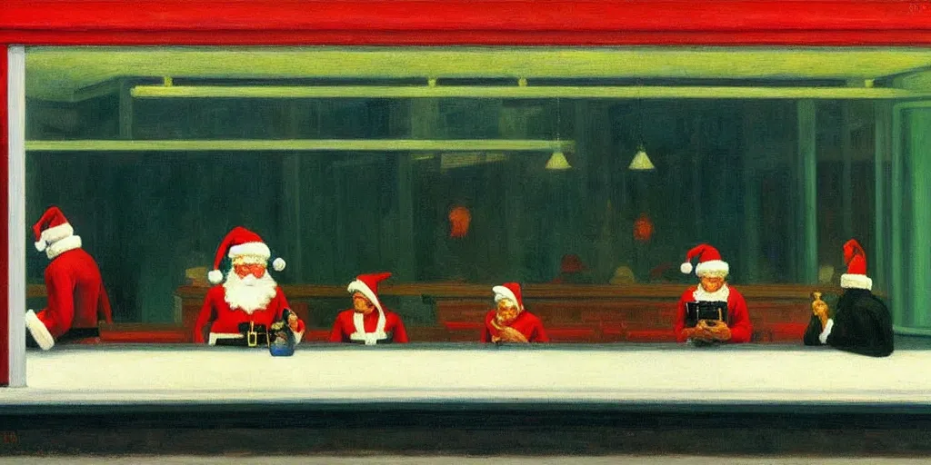 Prompt: santa claus in the painting nighthawks by edward hopper with