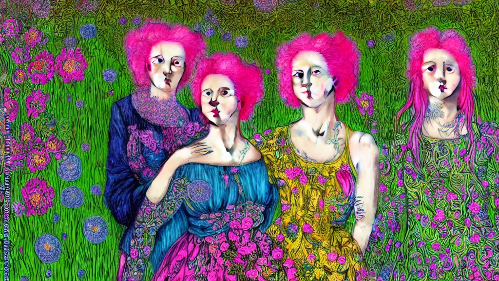 Image similar to photo-realistic portrait of two young women with neon pink hair, wearing a neon blue dress by Vivienne Westwood, standing in a garden full of psychedelic flowers, intricate details, in the style of John Everett Millais, black background