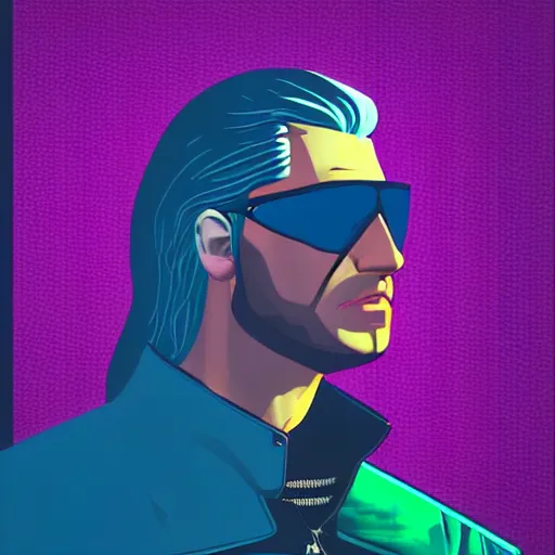 Image similar to 3 / 4 view closeup portrait of geralt of rivia with light blue shutter shades in front of a sunset, a dark purple leather jacket, vector art by jan tengnagel, pixabay contest winner, retrofuturism, retrowave, synthwave, outrun, portrait, synthwave