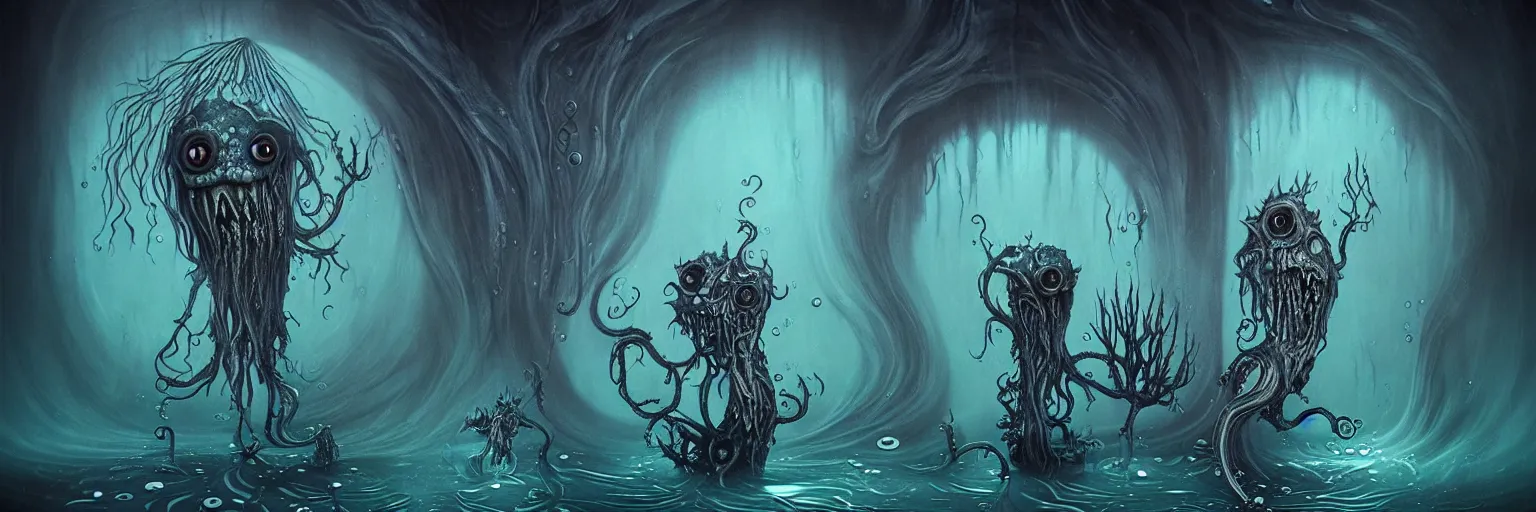 Image similar to whimsical watery alchemical monsters, surreal dark uncanny painting by ronny khalil