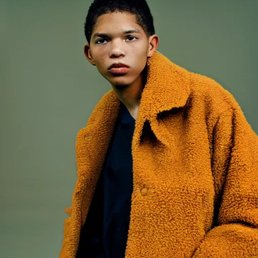 Image similar to realistic photoshooting for a new balenciaga lookbook, color film photography, portrait of a beautiful woman, model wearing a sherpa jacket, by photo in style of Tyler Mitchell, 35mm,