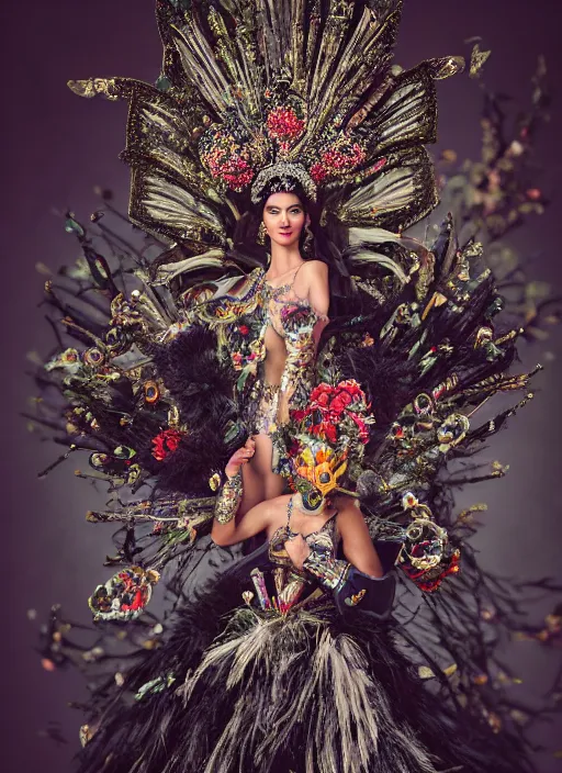 Image similar to full body environmental portrait photo of a miss universe in creative costume, ornate headpiece made from flowers, ornaments, glamour shot by lindsay adler and stefan gesell, photorealistic, canon r 3, fashion photography, hyper maximalist, sharp focus, ornate, elegant, luxury and elite, symmetrical features, octane render, unreal engine, solid dark grey background, dramatic lights