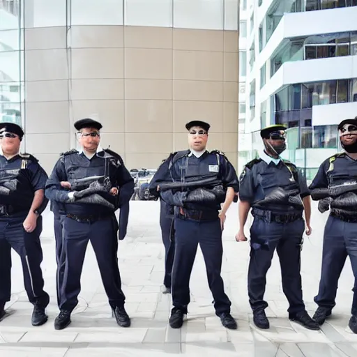 Prompt: a team of futuristic security guards standing for a group photo