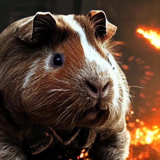 Image similar to guinea pig in gears of war, splash art, movie still, detailed face, photorealistic facial features, cinematic lighting, dramatic, octane render, long lens, shallow depth of field, bokeh, anamorphic lens flare, 8 k, hyper detailed, 3 5 mm film grain