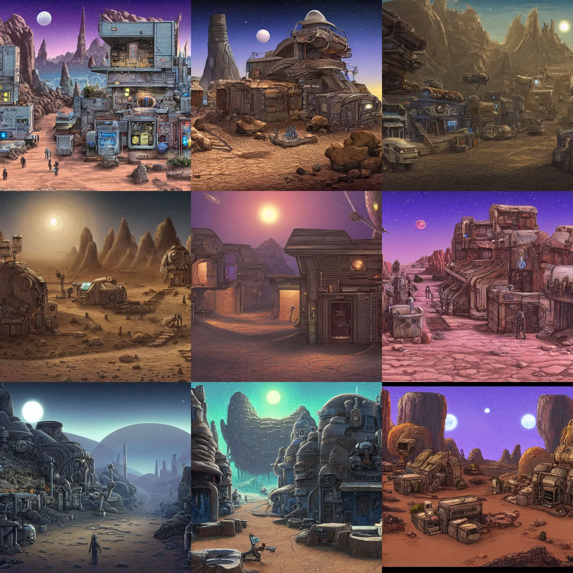 Prompt: main street of a small human colony, on a remote desert planet, from a space themed point and click 2 d graphic adventure game, set design inspired by hg giger, art inspired by thomas kinkade