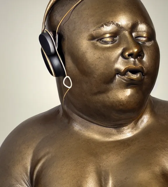 Prompt: a 4 k photorealistic photo medium shot of a bronze statue of a obese young man wearing headphones.