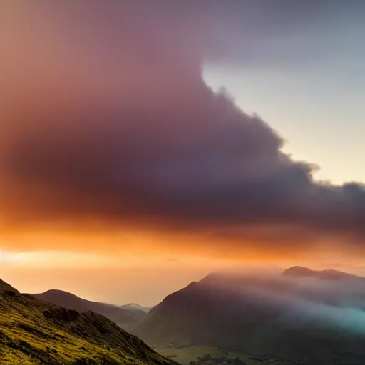 Image similar to Crib Goch!!!!!!!!!!! ridge, rays, epic, cinematic, photograph, atmospheric, dawn, golden hour, sunrise, purple blue sky clouds