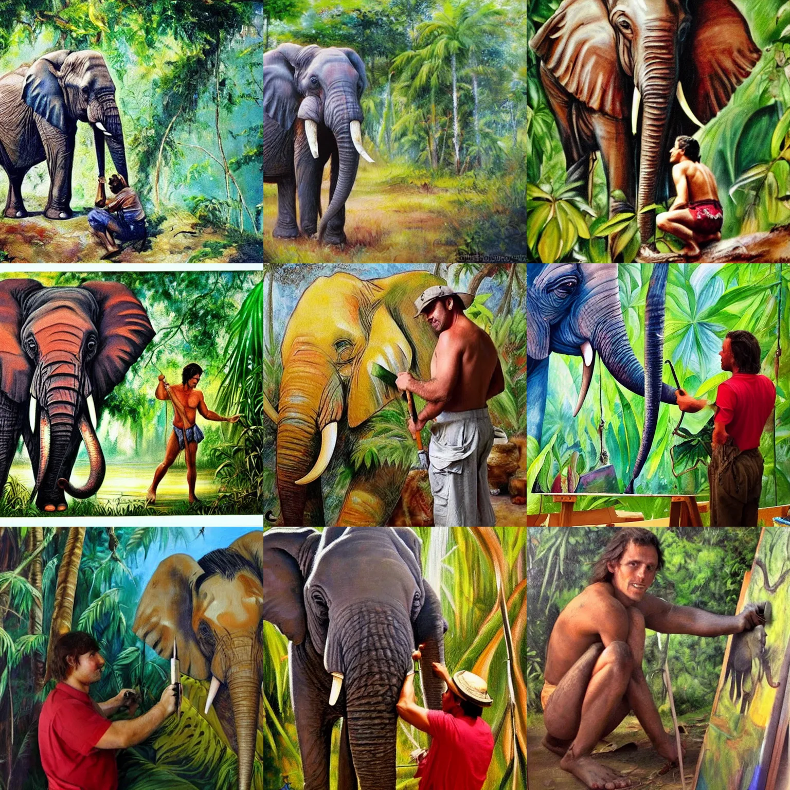 Prompt: tarzan the painter from the jungle, making an oil painting. an elephant is in the painting. award winning photo.