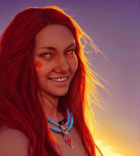 Image similar to in the style of artgerm and Andreas Rocha and Joshua Middleton, beautiful Native American young woman with long hair and red paint strip across eyes, smile on face, Symmetrical eyes symmetrical face, bead necklace, scenic prairie in background sunrise, natural lighting, warm colors