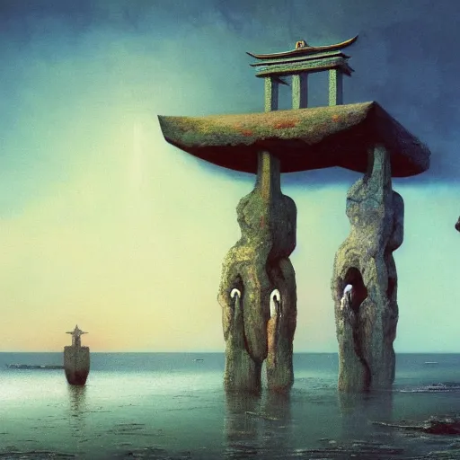 Prompt: A beautiful painting of A Torii over the sea by Zdzisław Beksiński and Ilya Repin,In style of Post-Apocalyptic.digital art, illustration,hyper detailed,smooth, sharp focus,trending on artstation,oil on the canvas,4k