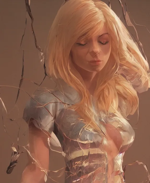 Image similar to gwen stacy female spiderman, pure white, au naturel, hyper detailed, digital art, radiant highlight, trending in artstation, cinematic lighting, studio quality, smooth render, unreal engine 5 rendered, octane rendered, art style by klimt and nixeu and ian sprigger and wlop and krenz cushart.