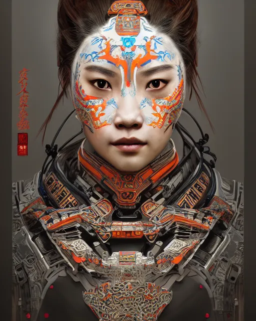 Image similar to portrait of a machine from horizon zero dawn, machine face, upper body, decorated with chinese opera motifs, asian, traditional chinese art, intricate, elegant, highly detailed, digital painting, artstation, concept art, smooth, sharp focus, illustration, art by artgerm and greg rutkowski and alphonse mucha, 8 k