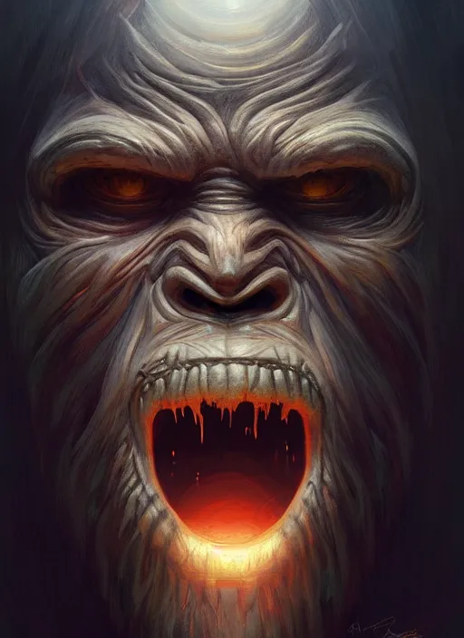 Image similar to symmetry!! portrait of scary bigfoot, horror, moody lights!! intricate, scary, highly detailed, digital painting, artstation, concept art, smooth, sharp focus, illustration, art by artgerm and greg rutkowski and alphonse mucha