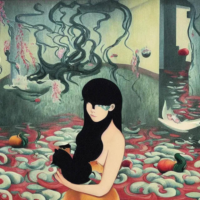 Prompt: emo catgirl artist in her flooded apartment, painting of flood waters inside an artist's home, a river flooding indoors, pomegranates, pigs, ikebana, zen, water, octopus, river, rapids, waterfall, black swans, canoe, berries, acrylic on canvas, surrealist, by magritte and monet