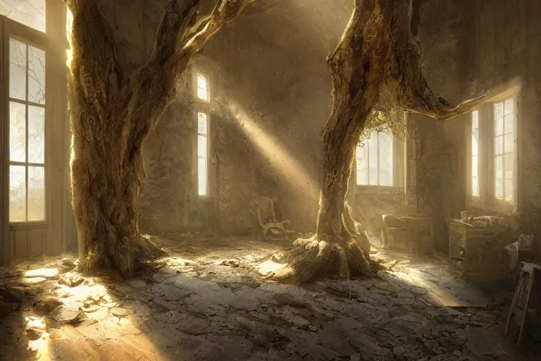 Image similar to the interior of an old abandoned house, an old oak tree grows inside the house, golden rays of sunlight enter through the window, digital art, trending on artstation, matte painting, concept art, drawn by greg rutkowski, inspired by johannes vermeer, cold colors