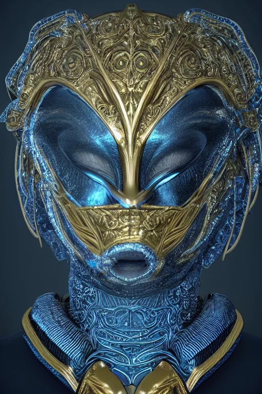 Image similar to symmetric hyper realistic elegant alien portrait, blue metallic skin, jewelry intricate details, unreal engine5, octane, with a gold filigree mask