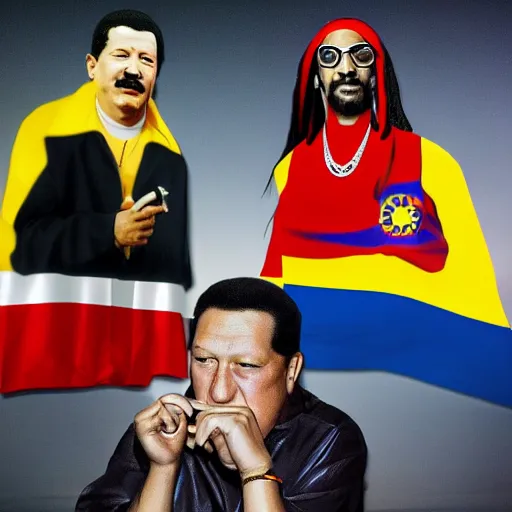 Prompt: hugo chavez smoking with snoop dog in a party inside a private jet, realistic render, award winning photography, very coherent, many details, venezuelan flag, detailed faces