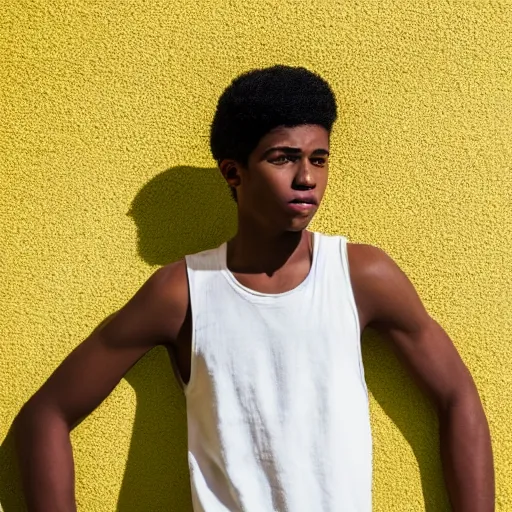 Image similar to black teenage boy with a long nose wearing a white tank top, walking in a nostalgic room with yellow walls and brown carpet