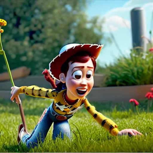 Image similar to a pixar 3 d character, a beautiful and mad canadian woman, on her knees, pulling weeds out frantically, some grey hair, stripey pants, octane render, 8 k, toy story,