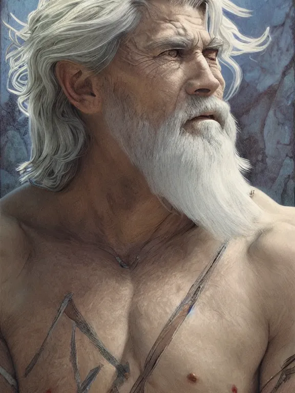 Image similar to painted portrait of rugged odin, god of wisdom, norse god, white hair, masculine, mature, handsome, upper body, blue and silver, muscular, hairy torso, fantasy, intricate, muscular, elegant, highly detailed, digital painting, artstation, concept art, smooth, sharp focus, illustration, art by gaston bussiere and alphonse mucha