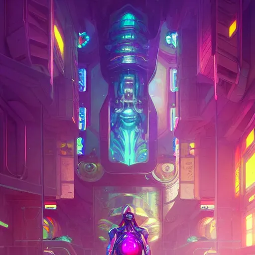 Image similar to street view of a cybernetic temple, vaporwave aesthetic, colorful, psychedelic, digital painting, artstation, concept art, smooth, sharp focus, illustration, art by artgerm and greg rutkowski and alphonse mucha