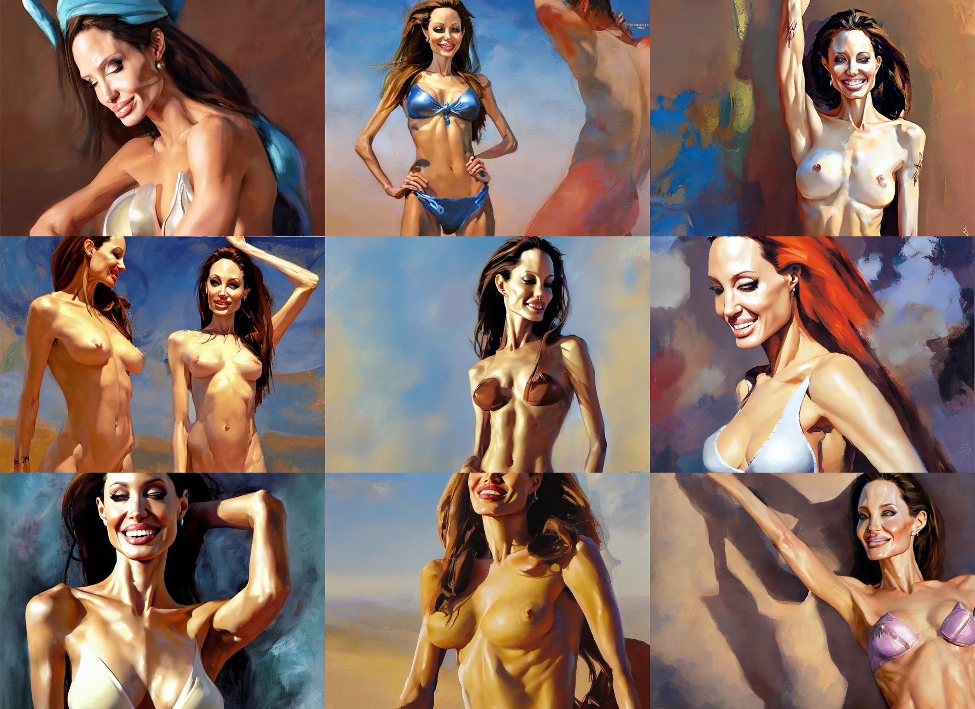 Prompt: a highly detailed beautiful portrait of angeline jolie skinned genie, with abs, smiling, by gregory manchess, james gurney, james jean