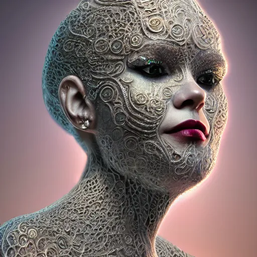 Prompt: beatifull frontal face portrait of a woman, mandelbrot fractal, intricate, elegant, highly detailed, ornate, ornament, sculpture, elegant , luxury, beautifully lit, ray trace, octane render in the style of Gerald Brom and peter Gric