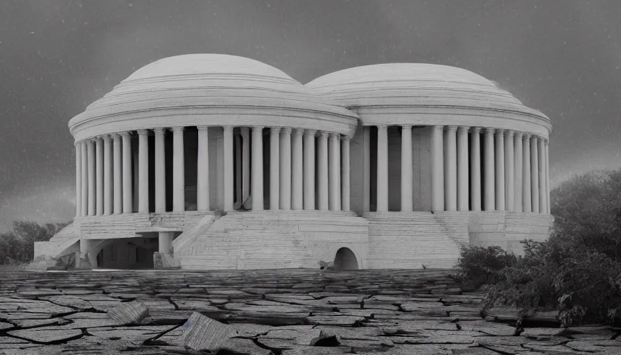 Prompt: destroyed jefferson memorial, cloudy day, debris, dust, hyperdetailed, artstation, cgsociety, 8 k