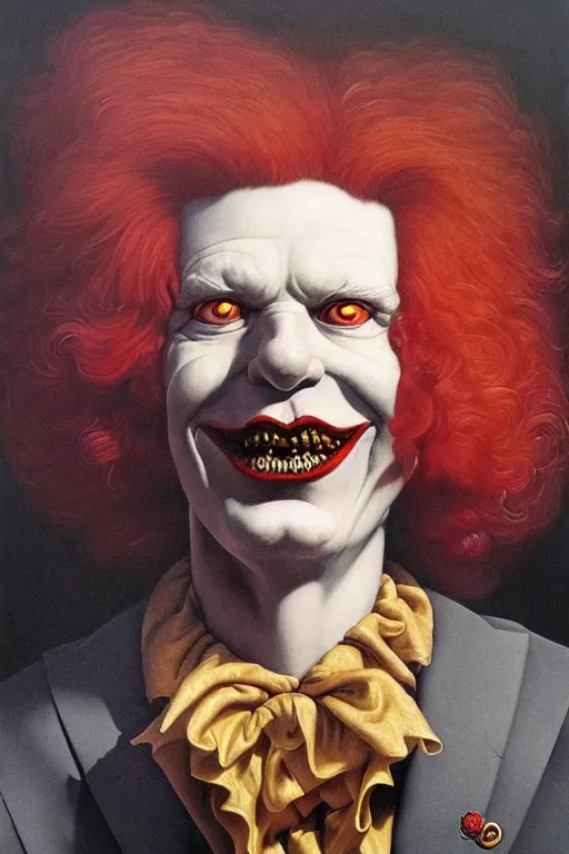 Image similar to portrait of ronald mcdonald in the style of wayne barlowe, gustav moreau, peter mohrbacher, bussiere, roberto ferri, santiago caruso, luis ricardo falero, austin osman spare