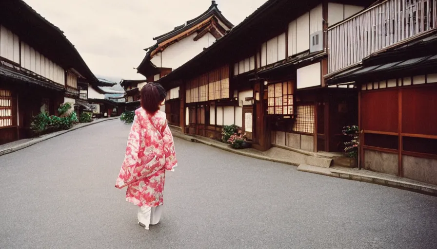 Prompt: 1 9 9 0 s candid 3 5 mm photo of a beautiful day in the a dreamy street in takayama japan designed by gucci, cinematic lighting, cinematic look, golden hour, the clouds are epic and colorful with cinematic rays of light, a girl walks down the center of the street in a gucci kimono, photographed by petra collins, uhd