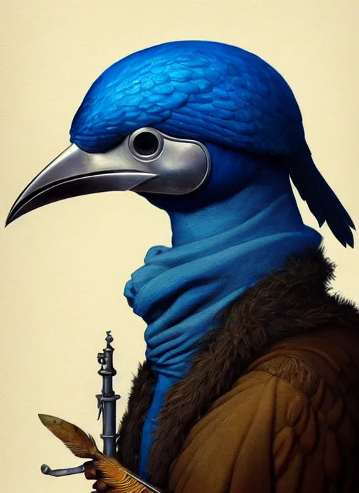 Prompt: rpg! profile! portrait of humanoid bird on white background, beak, feathers, plague doctor, blue clothes, intricate, highly detailed, digital painting, artstation, concept art, smooth, sharp focus, illustration, art by norman rockwell emiliano ponzi andrey remnev yoann lossel aaron jasinski, 8 k